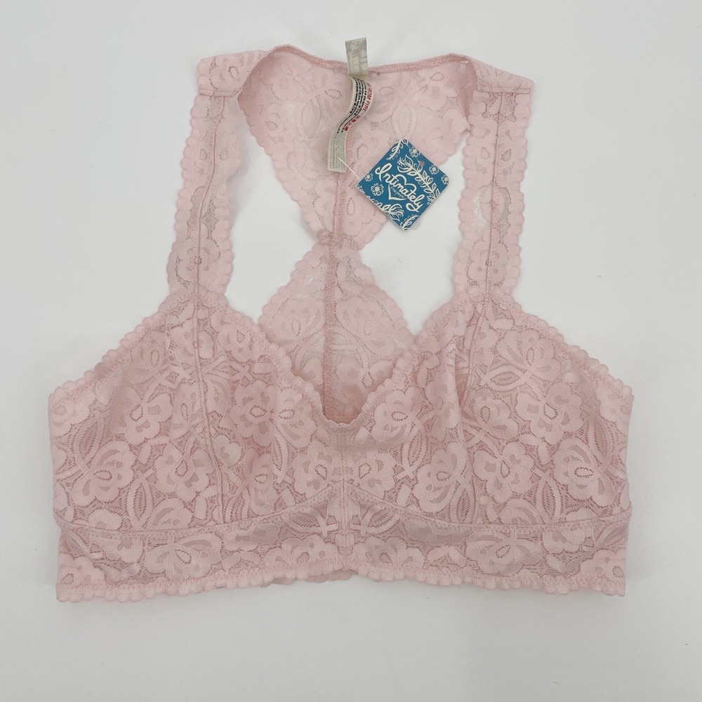 Free People Adella Bralette Womens Medium Pink Nylon Lace Boho Racerback Bra NWT